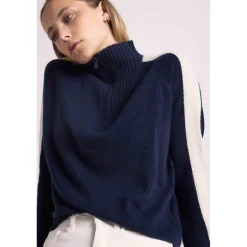 Pull col camioneur zip femme bandes manches points CAROLINE en cachemire bleu marine et blanc