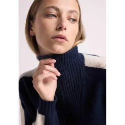Pull col camioneur zip femme bandes manches points CAROLINE en cachemire bleu marine et blanc