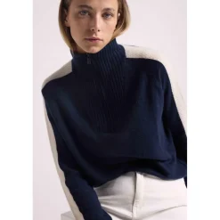 Pull col camioneur zip femme bandes manches points CAROLINE en cachemire bleu marine et blanc