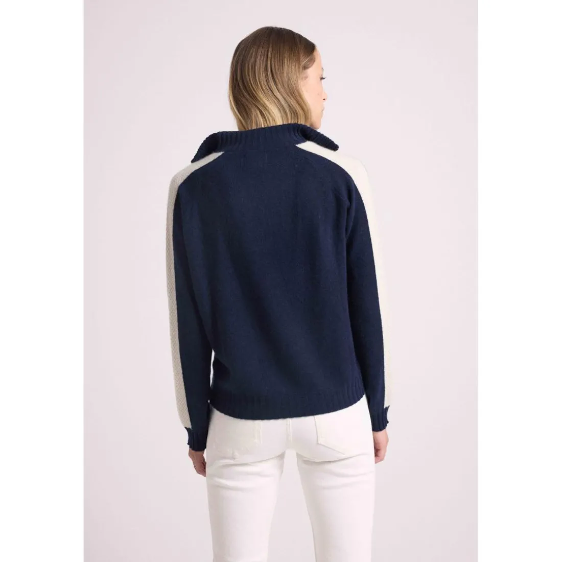 Pull col camioneur zip femme bandes manches points CAROLINE en cachemire bleu marine et blanc