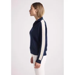 Pull col camioneur zip femme bandes manches points CAROLINE en cachemire bleu marine et blanc