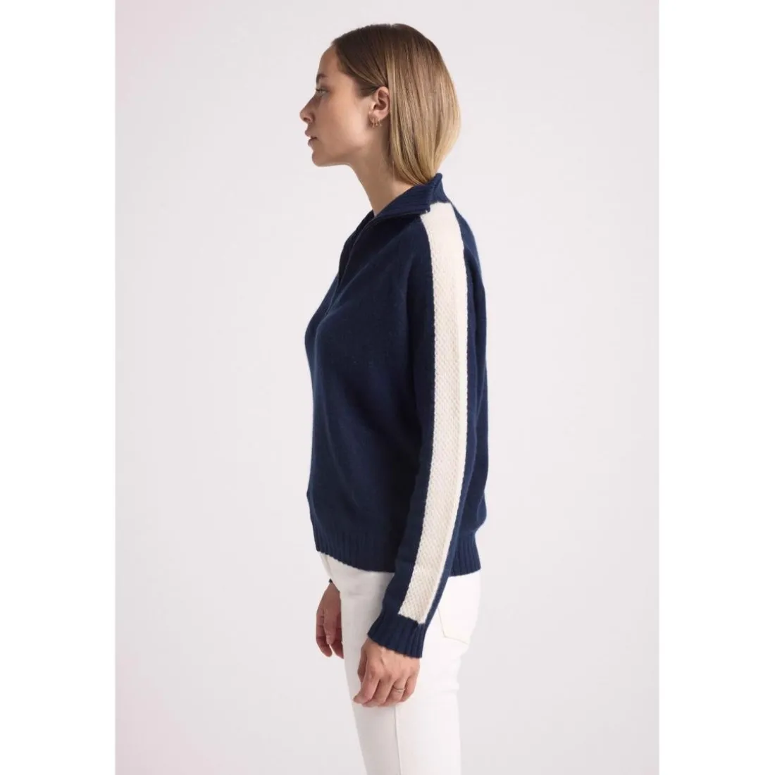 Pull col camioneur zip femme bandes manches points CAROLINE en cachemire bleu marine et blanc