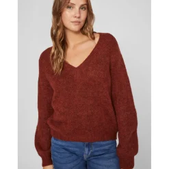 Pull col en v marron foncé