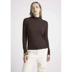 Pull col montant et poignets vagues SIMONE en cachemire chocolat