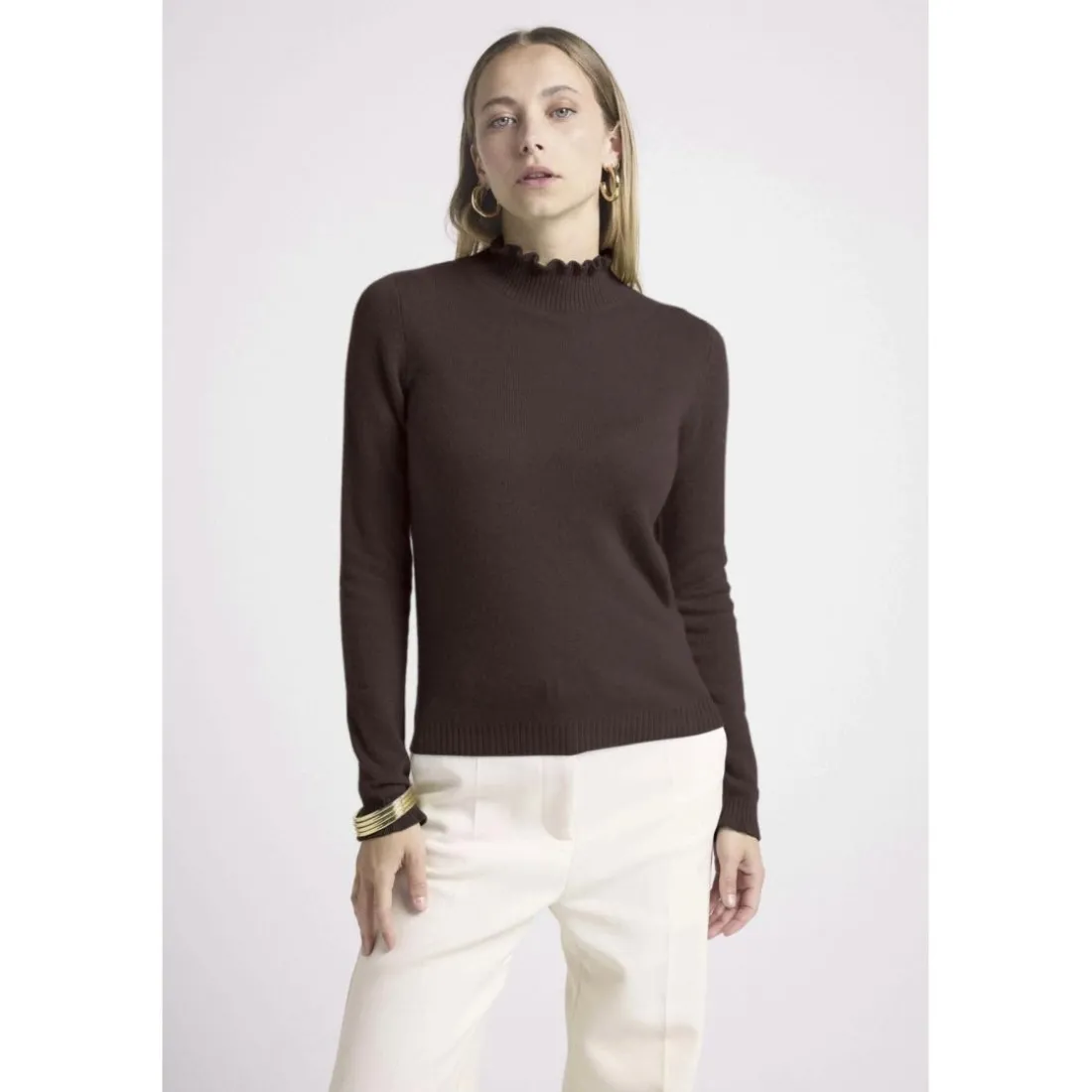 Pull col montant et poignets vagues SIMONE en cachemire chocolat