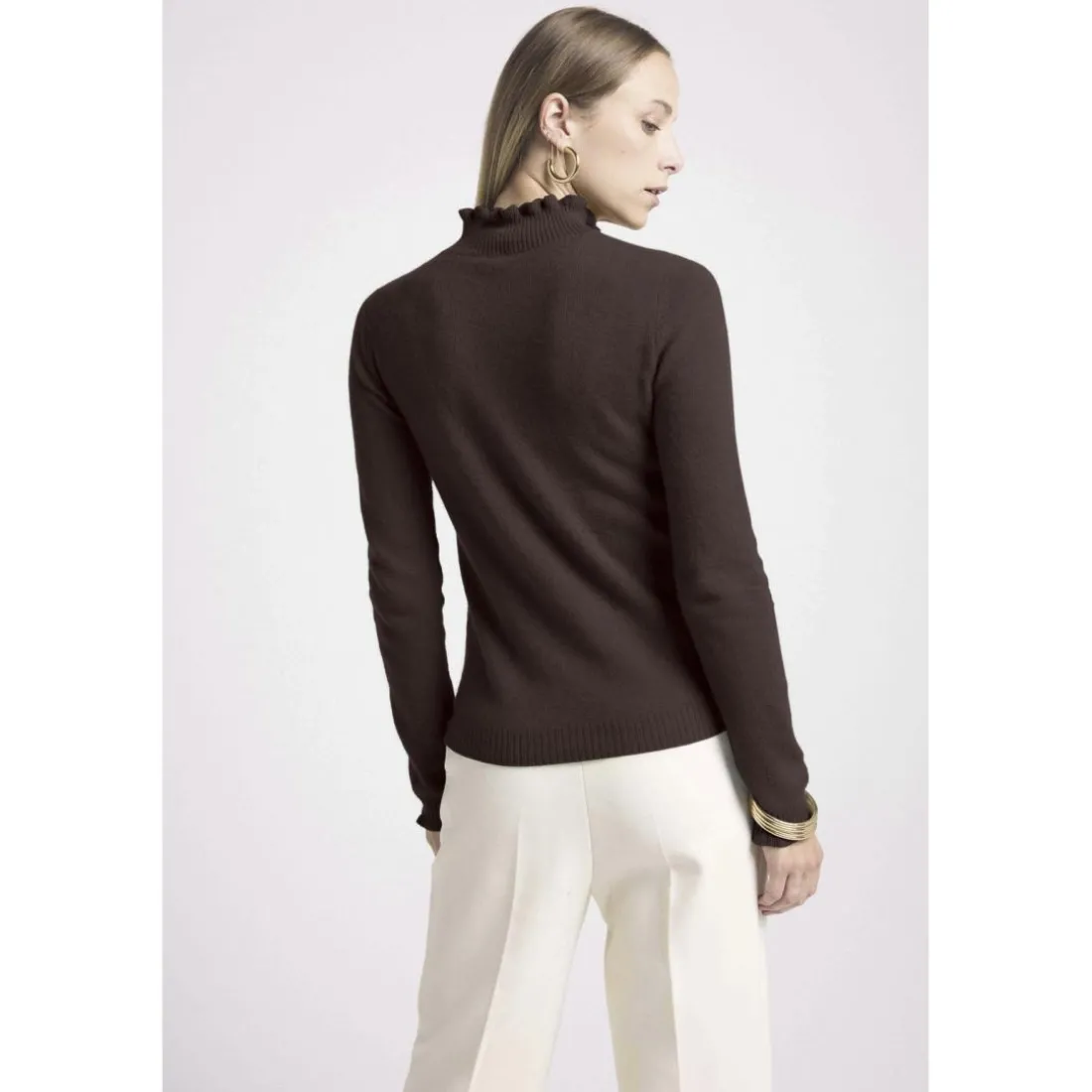 Pull col montant et poignets vagues SIMONE en cachemire chocolat