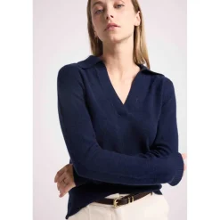 Pull col polo AURORE en cachemire bleu marine