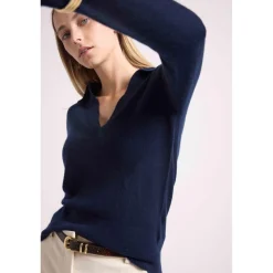 Pull col polo AURORE en cachemire bleu marine