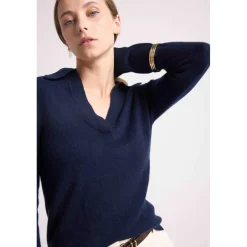 Pull col polo AURORE en cachemire bleu marine