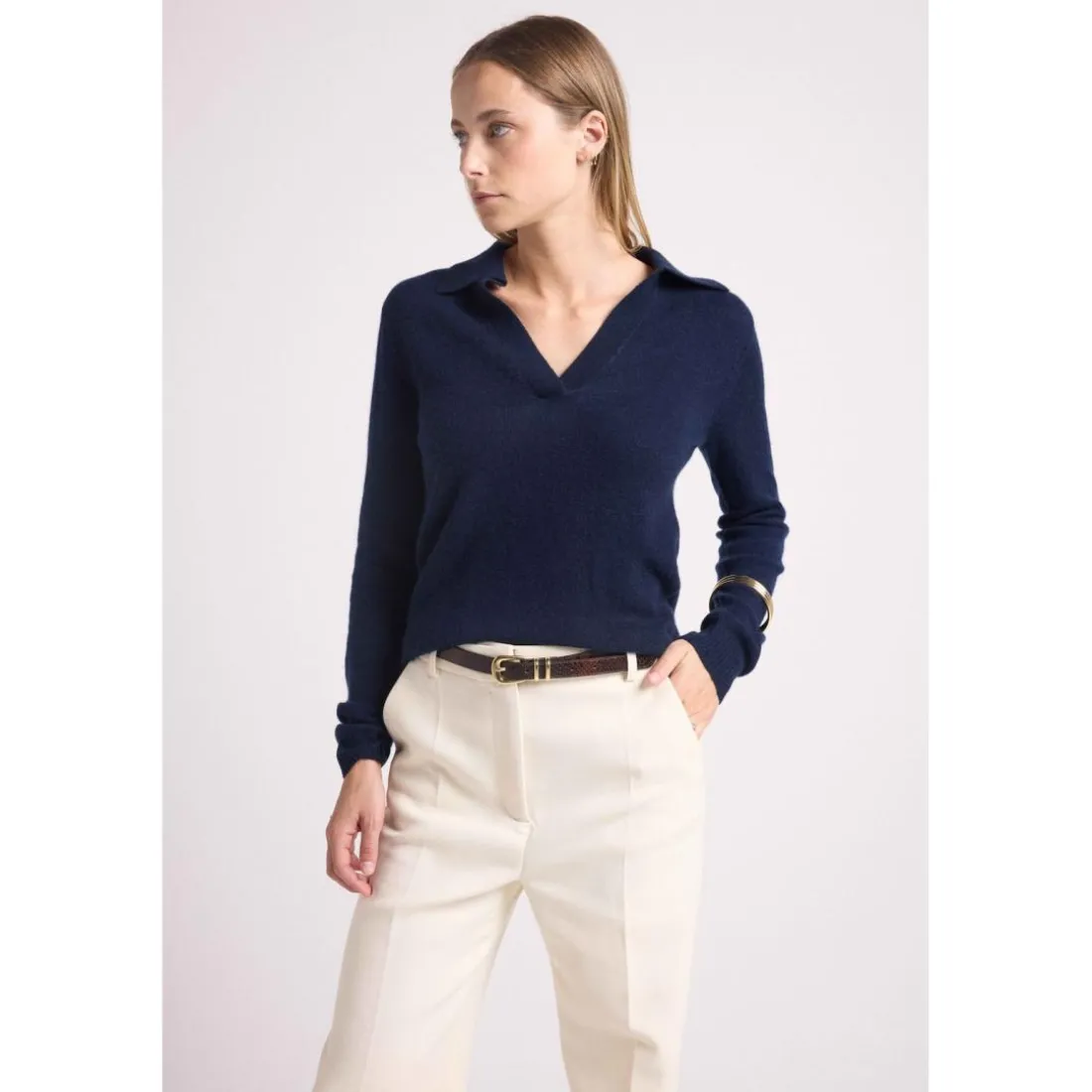 Pull col polo AURORE en cachemire bleu marine