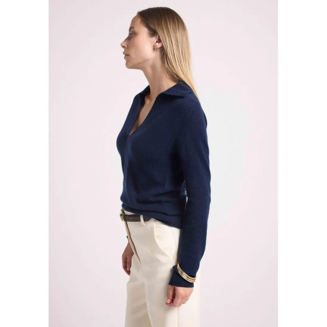 Pull col polo AURORE en cachemire bleu marine