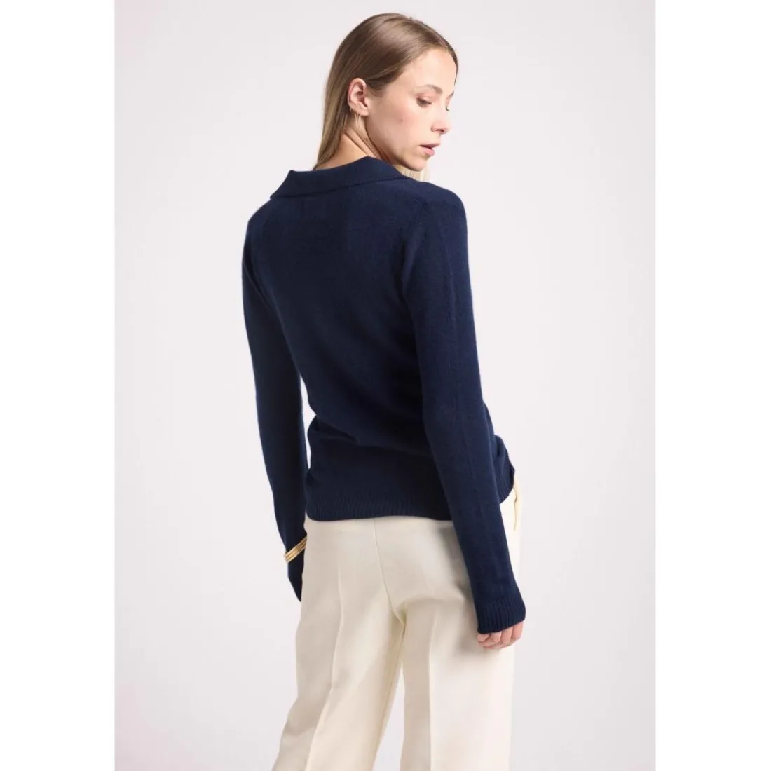 Pull col polo AURORE en cachemire bleu marine