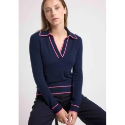 Pull col polo AURORE en cachemire bleu marine et liseret rose fluo