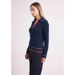 Pull col polo AURORE en cachemire bleu marine et liseret rose fluo