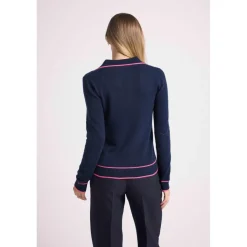 Pull col polo AURORE en cachemire bleu marine et liseret rose fluo