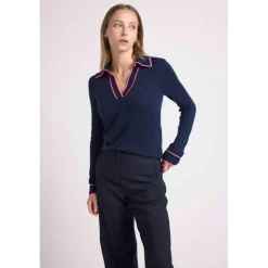 Pull col polo AURORE en cachemire bleu marine et liseret rose fluo