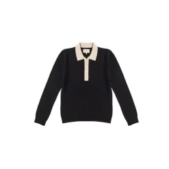 Pull col polo boutons blanc contraste MAXINE en cachemire noir et blanc