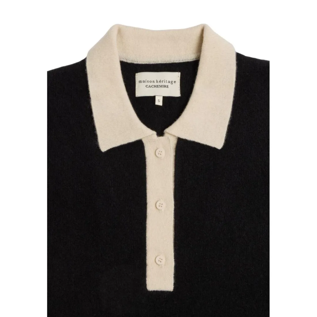 Pull col polo boutons blanc contraste MAXINE en cachemire noir et blanc