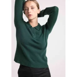 Pull col polo boutons MAXINE en cachemire vert bouteille