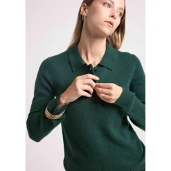 Pull col polo boutons MAXINE en cachemire vert bouteille