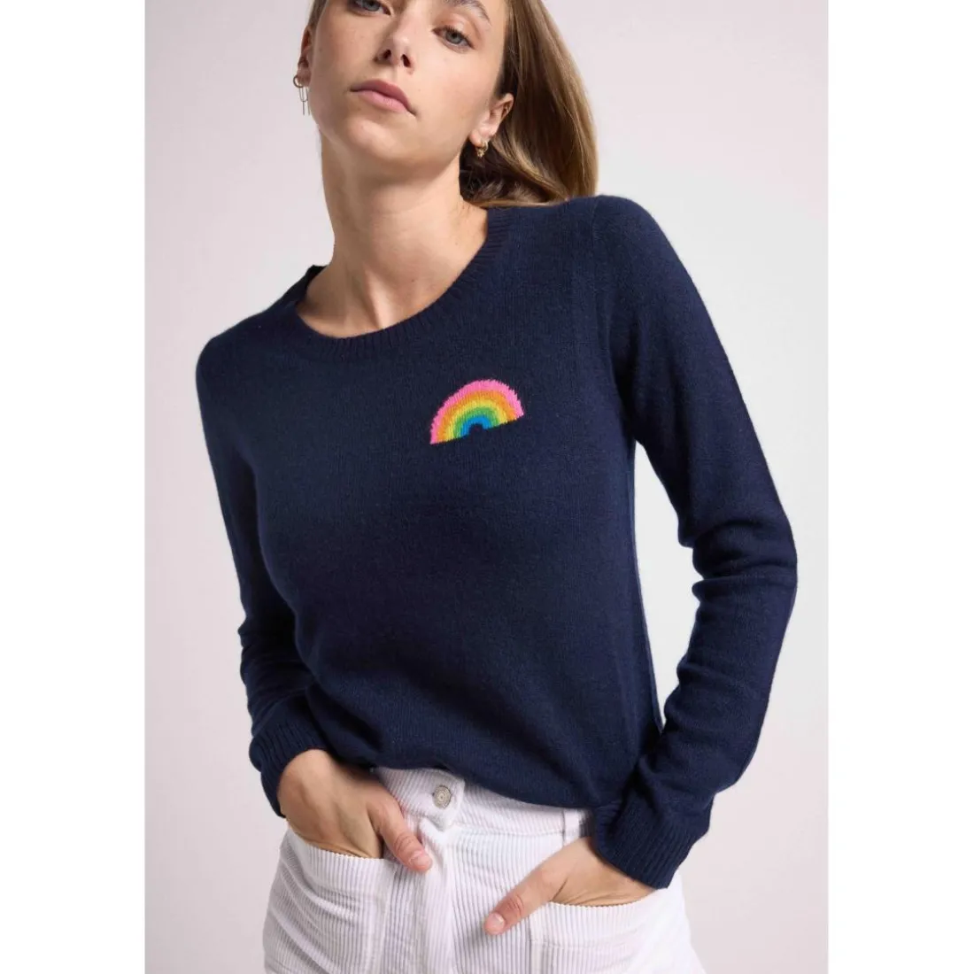 Pull col rond arc en ciel EMMA en cachemire bleu marine