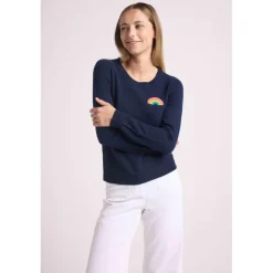 Pull col rond arc en ciel EMMA en cachemire bleu marine