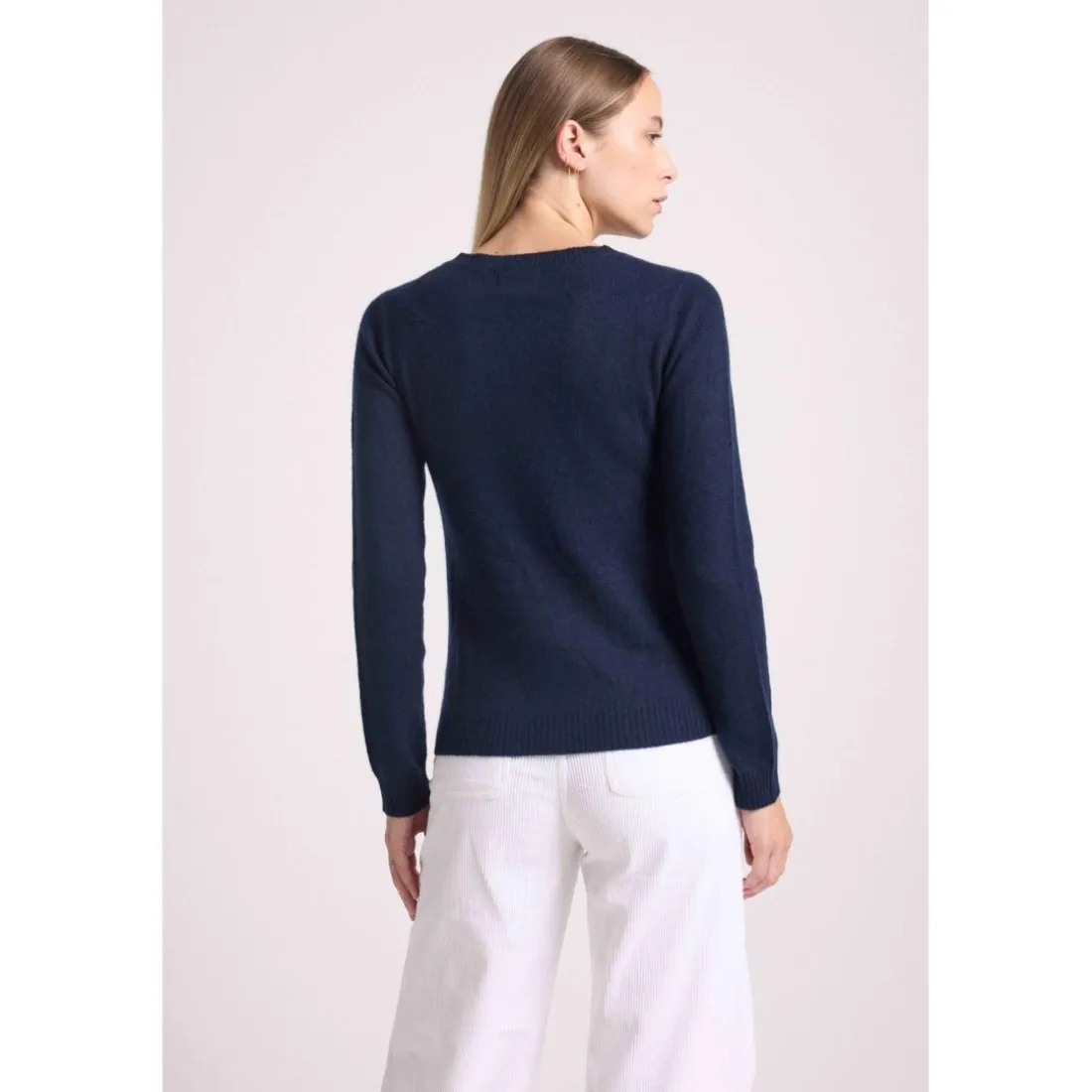 Pull col rond arc en ciel EMMA en cachemire bleu marine