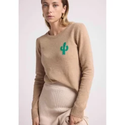Pull col rond cactus KYLIANE en cachemire new beige creme et cactus vert