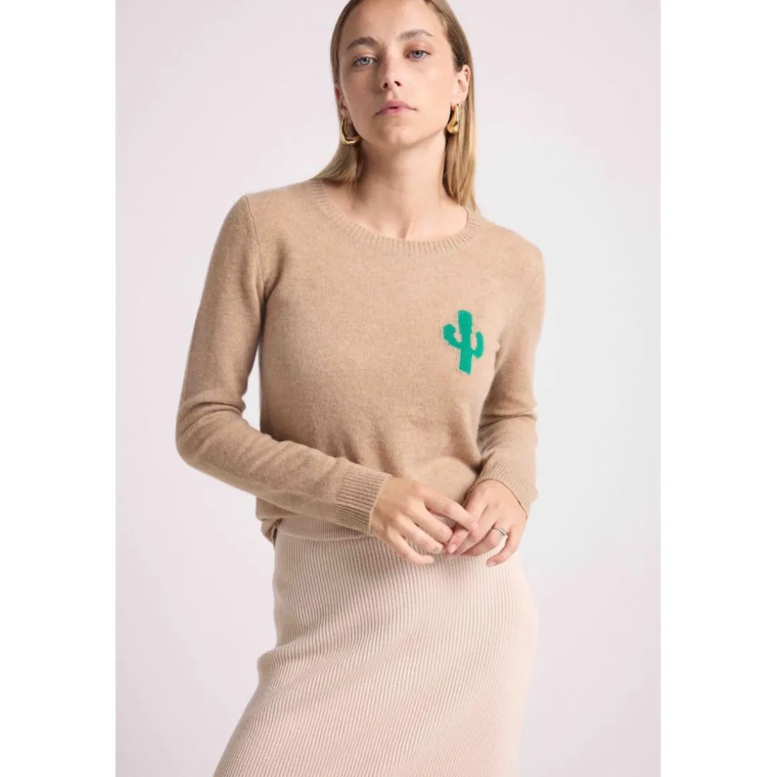 Pull col rond cactus KYLIANE en cachemire new beige creme et cactus vert