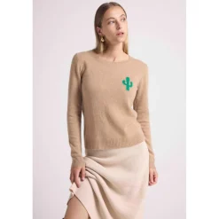 Pull col rond cactus KYLIANE en cachemire new beige creme et cactus vert