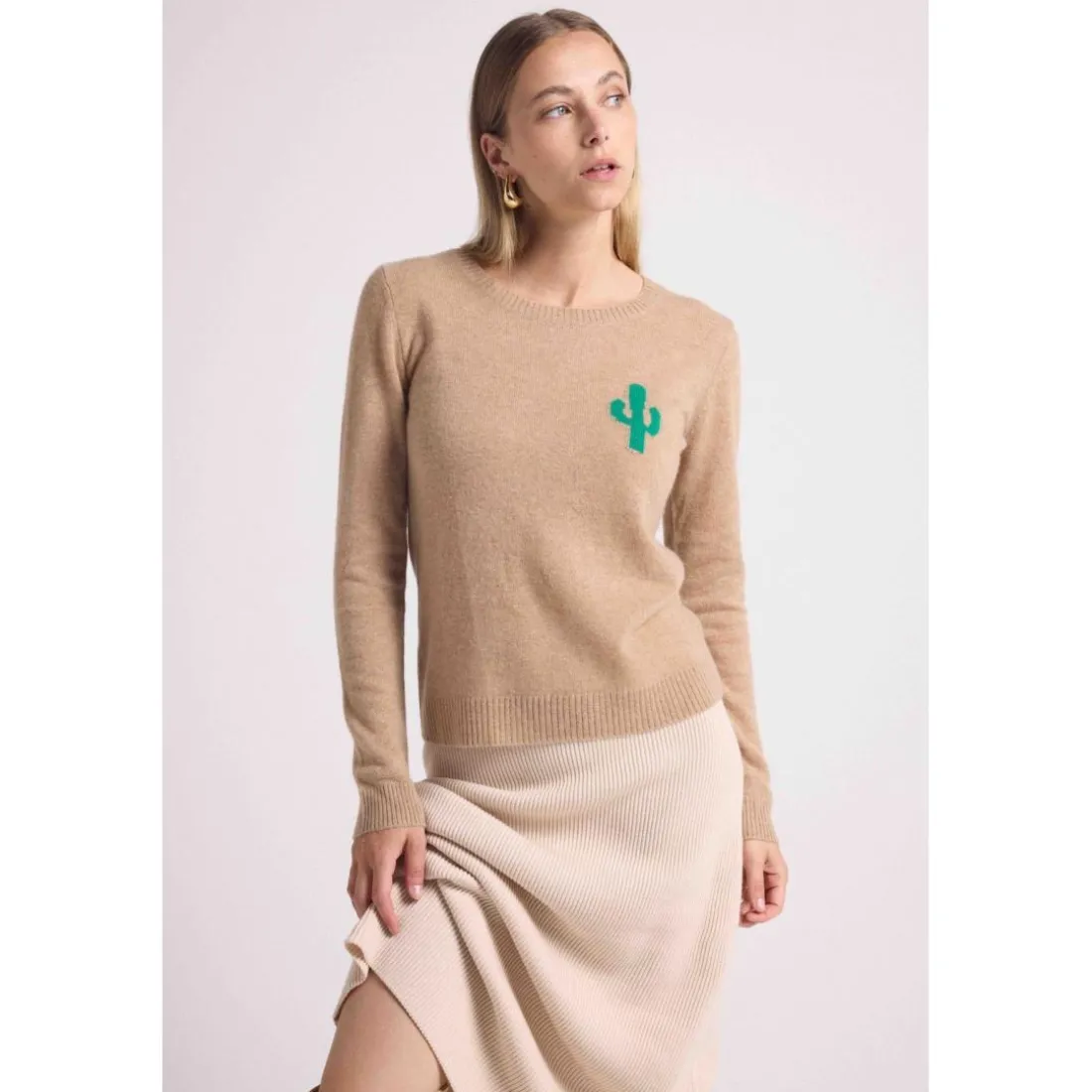 Pull col rond cactus KYLIANE en cachemire new beige creme et cactus vert