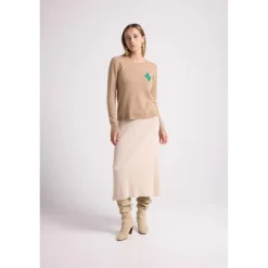 Pull col rond cactus KYLIANE en cachemire new beige creme et cactus vert