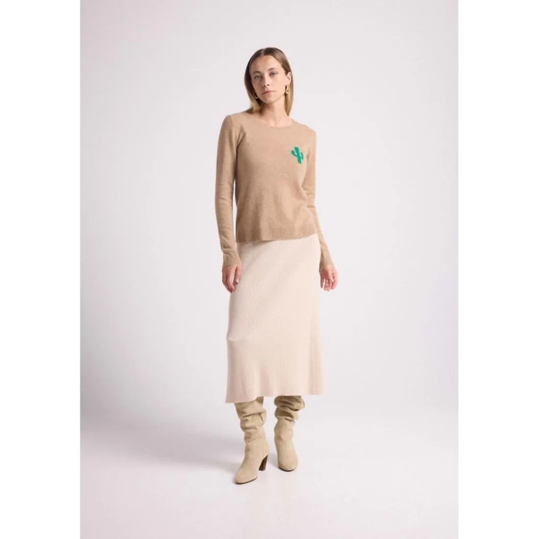 Pull col rond cactus KYLIANE en cachemire new beige creme et cactus vert