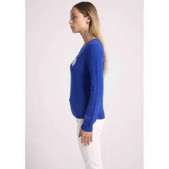 Pull col rond colombe PAULINE en cachemire bleu roi et oiseau blanc