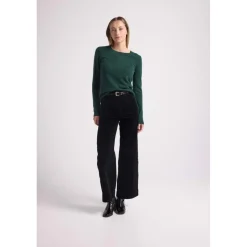 Pull col rond coudes cœurs femme ZAIME en cachemire vert bouteille et coeurs rose