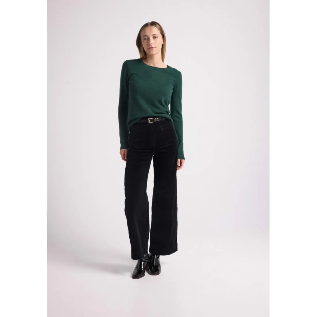 Pull col rond coudes cœurs femme ZAIME en cachemire vert bouteille et coeurs rose