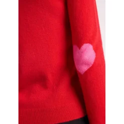 Pull col rond coudes cœurs ZAIME en cachemire rouge et cœurs rose