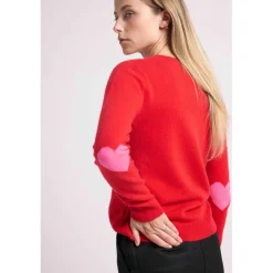Pull col rond coudes cœurs ZAIME en cachemire rouge et cœurs rose