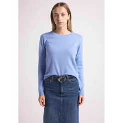Pull col rond coudes cœurs femme ZAIME en cachemire bleu ciel et cœurs bleu roi