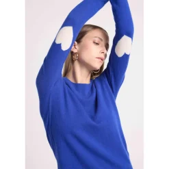 Pull col rond coudes cœurs femme ZAIME en cachemire bleu roi et coeurs blanc