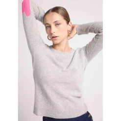 Pull col rond coudes cœurs femme ZAIME en cachemire gris et coeurs rose