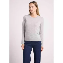 Pull col rond coudes cœurs femme ZAIME en cachemire gris et coeurs rose