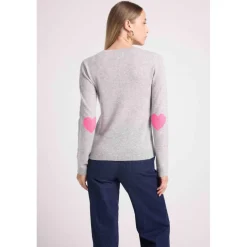 Pull col rond coudes cœurs femme ZAIME en cachemire gris et coeurs rose