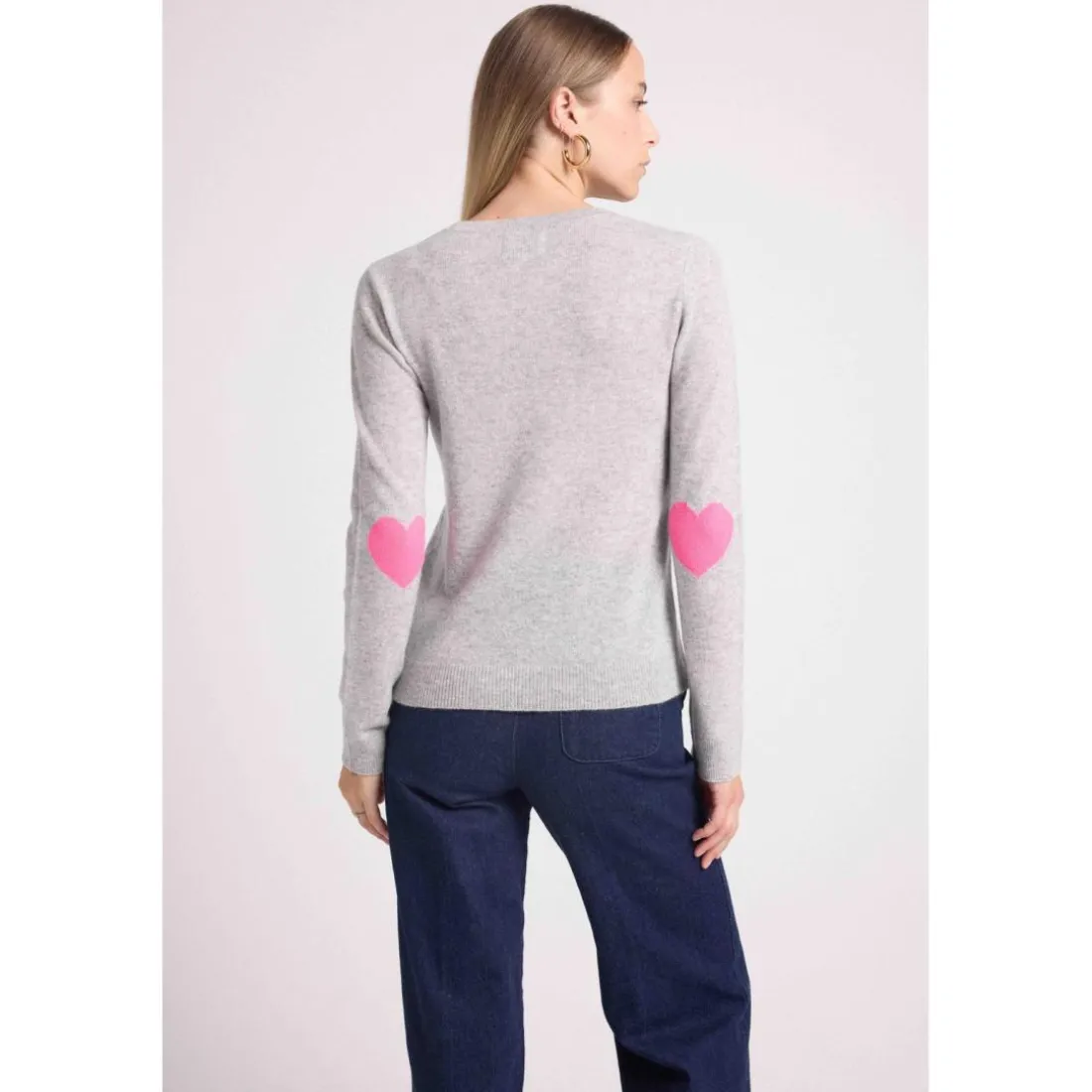 Pull col rond coudes cœurs femme ZAIME en cachemire gris et coeurs rose