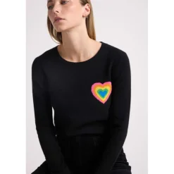 Pull col rond cœur multicolor ELINE en cachemire noir