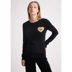 Pull col rond cœur multicolor ELINE en cachemire noir