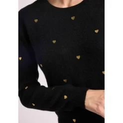 Pull col rond cœurs dores CLEMENTINE en cachemire noir et dore