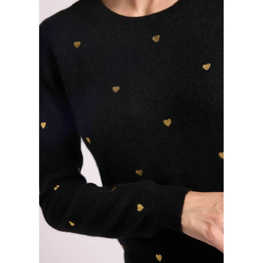 Pull col rond cœurs dores CLEMENTINE en cachemire noir et dore