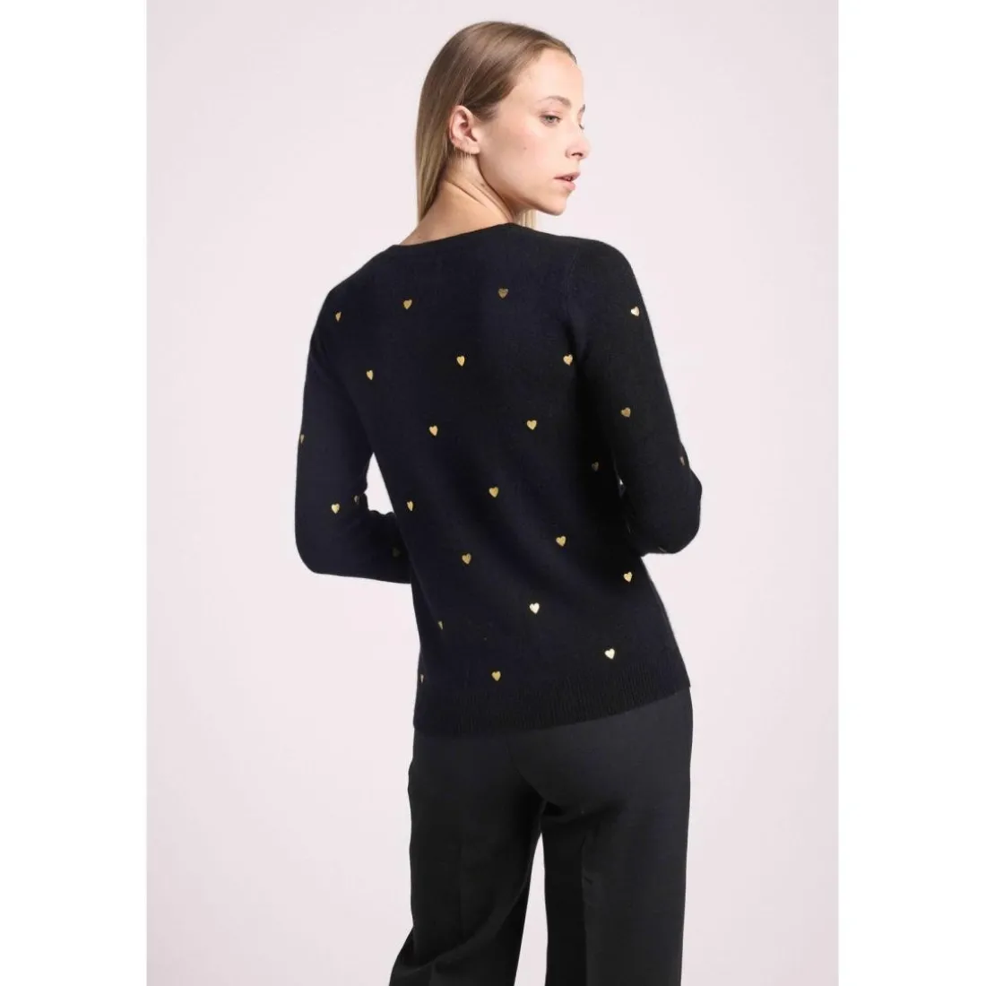 Pull col rond cœurs dores CLEMENTINE en cachemire noir et dore