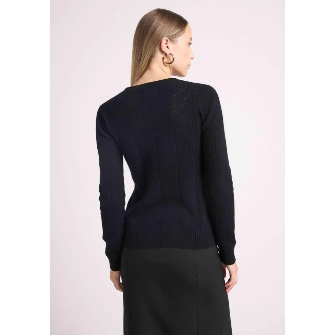 Pull col rond cœurs pointelle LINDA en cachemire noir